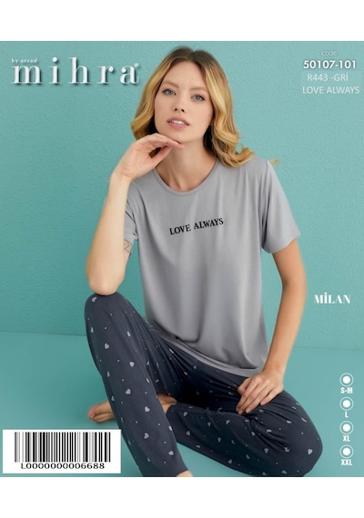Mihra Kadın Bisiklet Yaka Milan Likralı Kısa Kol Pijama Takımı 50107/101 - 1 Adet Gri Mihra Kadın Bisiklet Yaka Milan Likralı Kısa Kol Pijama Takımı 50107/101 - 1 Adet Gri