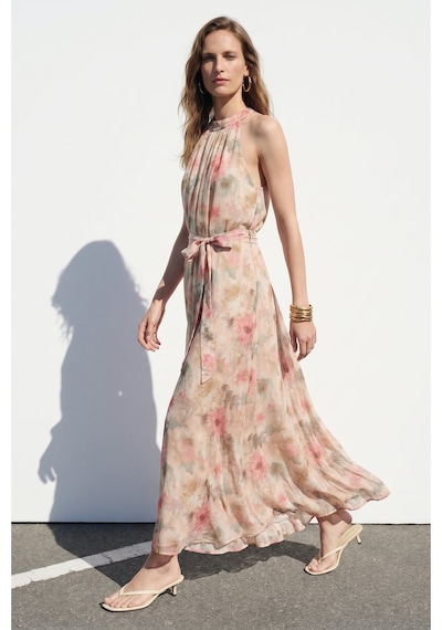 Sateen Desenli Uzun Elbise - Pembe-137409