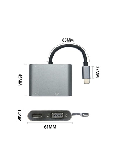 4 Ü 1 Arada Type-c To Hub Dönüştürücü Adaptör 4k Ultra Hd Hdmı & Vga Görüntü Aktarımı, Pd Hızlı Şarj Destekli, Usb Çoklayıcı