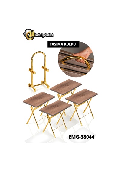 Eranş Serisi 4'lü Katlanır Mdf Mebran Ahşap Çanta Zigon Sehpa Gold Ayak Koyu Ahşap Desen Gold Ayak