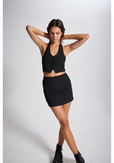 Holly Lolly Boyun Bağlamalı Crop Striped Yelek Siyah