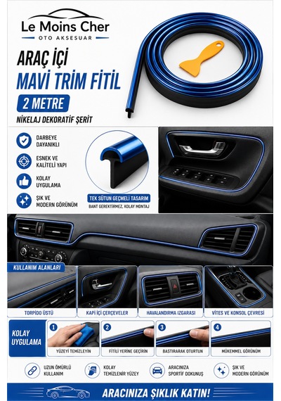 Audi Tt Coupe Araç İçi Mavi Trim Fitil 2 Metre Nikelaj Dekoratif Şerit