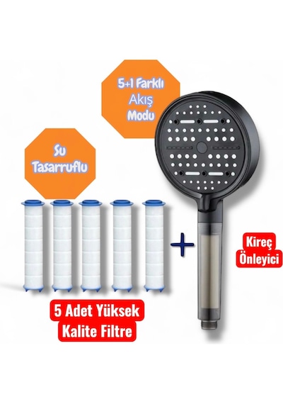Kireç Önleyici Özellikli Turbo Basınçlı Su Tasarruflu Duş Başlığı 5 Adet Yedek Filtreli Siyah