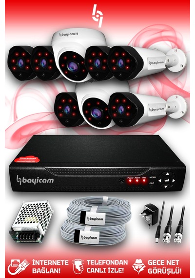 Bayicam 8 Kameralı Uzay 2 İç Kamera Set HDD'siz Full HD Gece Görüşlü Güvenlik Kamerası Sistemi