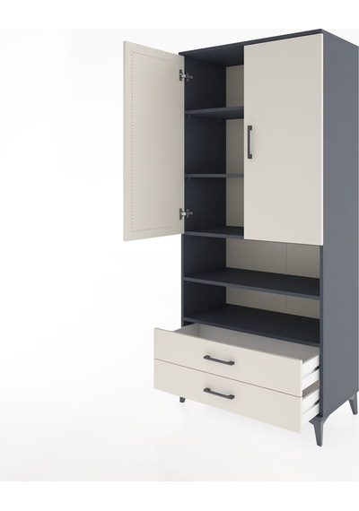 Hyperion Dolap 5 Raflı 2 Çekmeceli 2 Kapaklı 88x44x195 Antrasit-aytaşı Antrasit