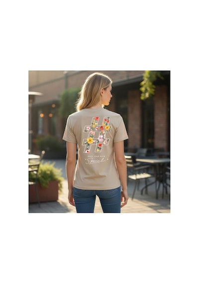 Urbantrendstore Unisex Çiçek Desen Flowers Anneler Günü Oversize Fit Rahat Geniş Salaş T-shirt Günlük Tişört Bej