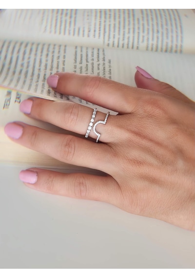 Oval İki Sıralı Taşlı Model Ayarlanabilir Silver Gümüş Renkli Yüzük Silver