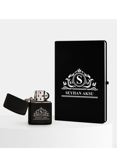 Kişiye Özel İsimli Siyah Defter ve Benzinli Çakmak Seti - 12 Siyah