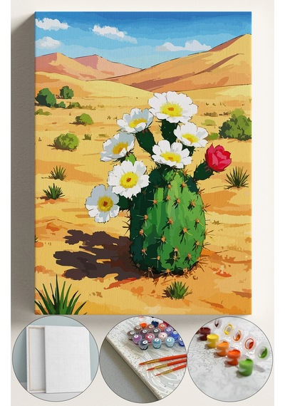 Sayılarla Boyama Seti Numaralı Tuval Fırça Boya 40x50 Cm - Çiçekli Kaktüs