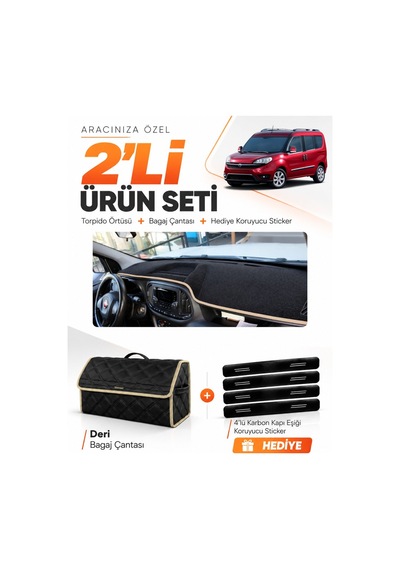 Fiat Doblo Tam Kapalı 2015-2023 Uyumlu Torpido Örtüsü + Deri Bagaj Çantası + Sticker - Siyah Bej