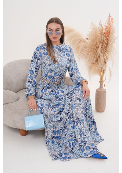 Polologin Butik Çiçekli Viskon Elbise Mavi