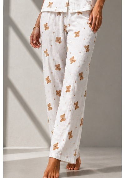Kadın Klasik Doğal Düğme Gece Kırık Beyaz Pijama Takımı