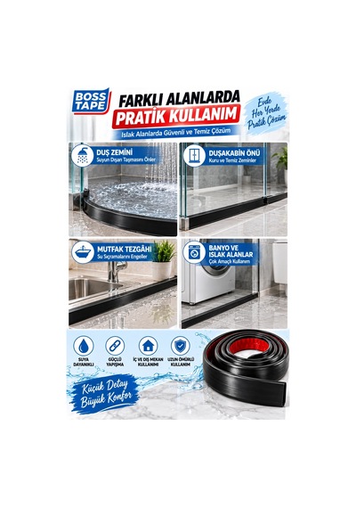 Kendinden Yapışkanlı Su Bariyeri Siyah 2 Metre 15 Mm Esnek Duşakabin Su Tutucu Bant Su Bariyeri
