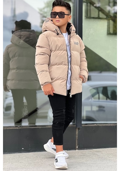 Pina Kids Erkek Çocuk Kapüşonlu Baskılı Reflöktör Detaylı Nova Kumaş Kışlık Şişme Mont Km4017 Bej
