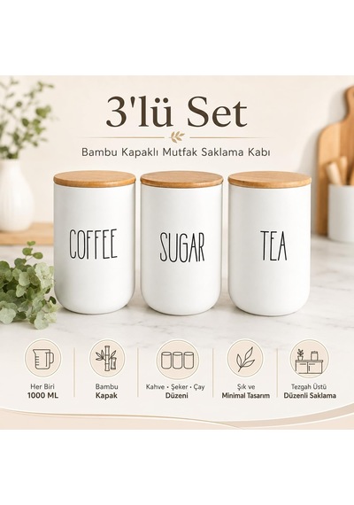 3'lü Bambu Kapaklı Seramik Saklama Kabı Seti, Her Biri 1000 Ml, Coffee Sugar Tea Yazılı Kahve Şeker Çay Kavanozu, Tezgâh Üstü Mutfak Düzenleyici Çok Renkli