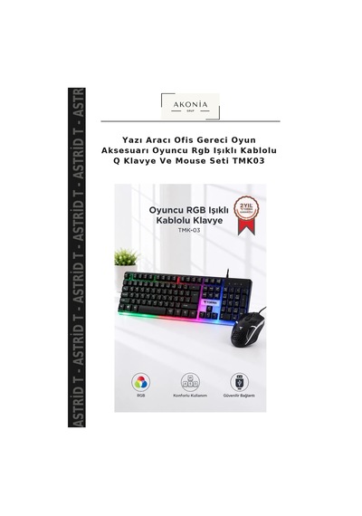 Yazı Aracı Ofis Gereci Oyun Aksesuarı Oyuncu Rgb Işıklı Kablolu Q Klavye Ve Mouse Seti Tmk03
