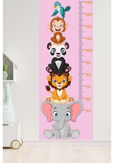Sevimli Safari Hayvanları Boy Ölçüm Cetveli Boy Ölçer Sticker Pembe
