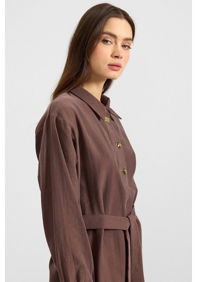 Olcay Metal Düğmeli Soft Kumaş Tunik Pantolon İkili Takım Kahve 9397-tk