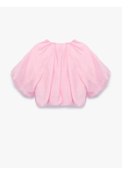 Koton Yuvarlak Bağcıklı Yaka Balon Kollu Crop Bluz Pembe 6sak60291ew Gül