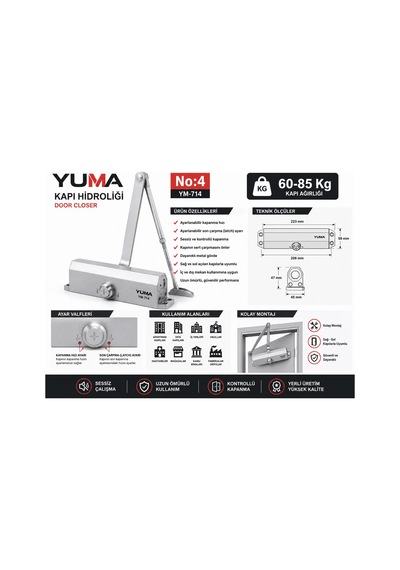 Yuma Ym-714 No:4 Hidrolik Kapı Kapatıcı 60-85 Kg Ayarlanabilir Sessiz Kapı Hidroliği Ağır Hizmet Tipi 1 Adet Kapı Hidroliği