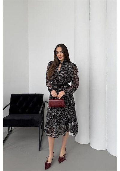 Neşeli Butik Kadın Siyah Dik Yaka Bağlama Detaylı Şifon Kumaş Uzun Kol Midi Elbise Nbelb01 Siyah Neşeli Butik Kadın Siyah Dik Yaka Bağlama Detaylı Şifon Kumaş Uzun Kol Midi Elbise Nbelb01 Siyah