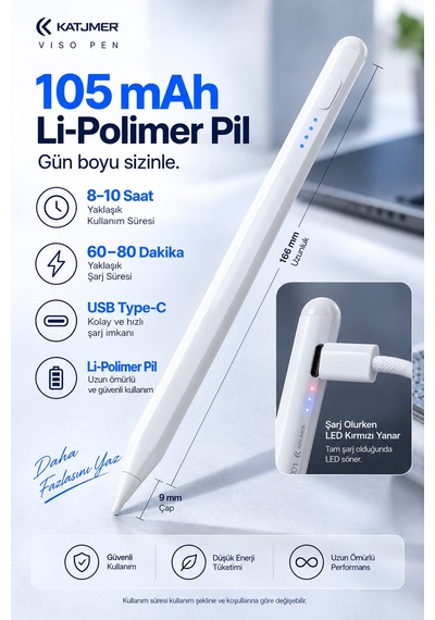 Viso Pen Stpvs-001 Kapasitif Dokunmatik Kalem, Tablet Ve Telefon Uyumlu, Usb-c Şarjlı, 2 Yedek Uçlu Beyaz