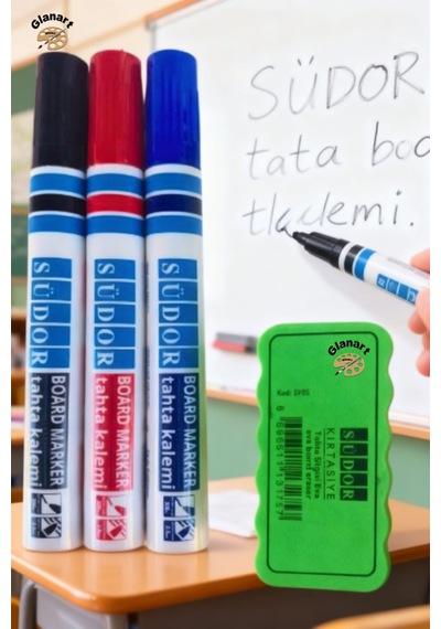 3 Renk Tahta Kalemi Ve Mıknatıslı Tahta Silgisi Bordmarker 1 Set Südor Çok Renkli