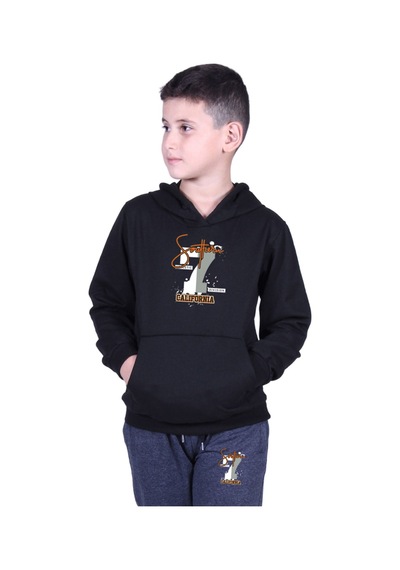 Fyk Kids Kapüşonlu Kanguru Cepli California Baskılı Erkek Çocuk Eşofman Takımı Siyah - Füme