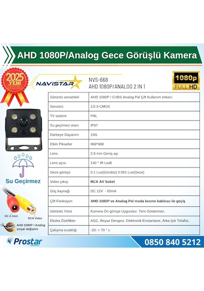 Ahd 1080p/analog Orta Boy Gece Görüşlü Rca Av Soketli Kamyon Tır Otobüs Kamerası