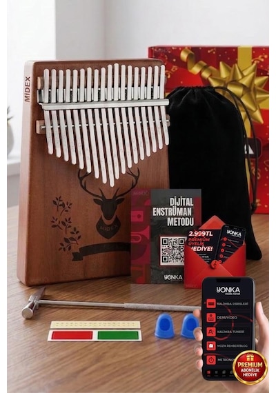 Midex KLX-456 Hakiki Maun Ağacı Kalimba 17 Çelik Tuşlu (Türkçe Metod Çanta Çekiç)
