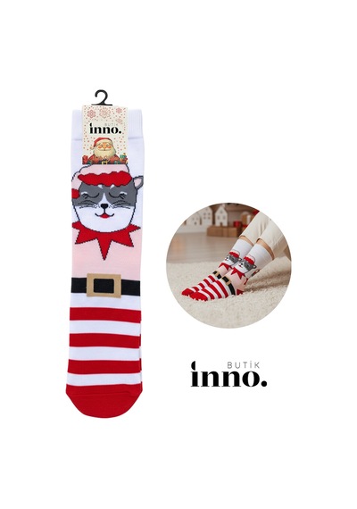 Inno Yılbaşı Desenli Noel Babalı Hediyelik Kraft Kutulu Çorap Tekli Pembe