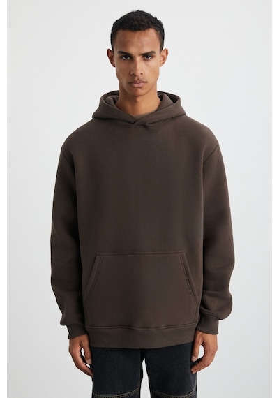 Grımelange CARTMEL Erkek Örme 3 İplik Relaxed Fit Rahat Kalıp Kanguru Cepli Kapüşonlu Kahverengi Sweatshirt