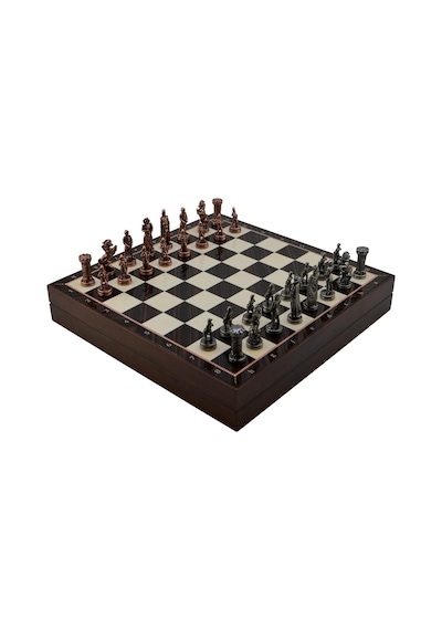 Orta Boy Metal İngiliz Satranç Takımı Antik Ve Ceviz Desenli Sandıklı Mdf Tahtası 36x36x6 Cm.