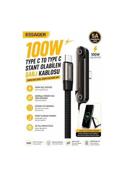 Essager 1 Metre 100w Type-c To Type-c Stant Olabilen Hızlı Şarj Kablosu 5a 480mbps Veri Aktarımlı Örgülü Dayanıklı