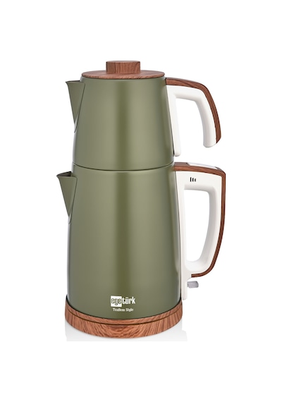 Egetürk TeaDem Style Ahşap Görünümlü Çay Makinesi Çaycı 2000W 1.7L Kettle 1.2L Demlik 304 Çelik Gövde Neft Yeşili