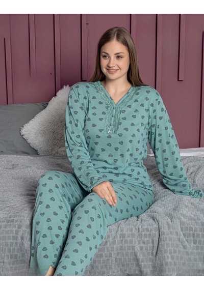 Pijamerry Kadın Büyük Beden Dantel Yaka Bambu Uzun Kol Pijama Takımı 5161 - 1 Adet 001