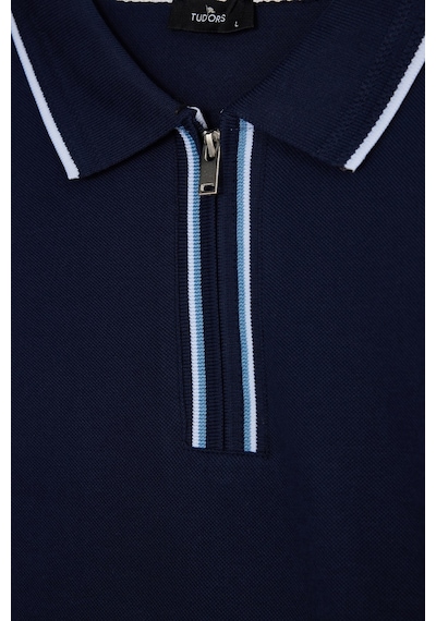 Tudors Erkek Slim Fit Dar Kesim %100 Pamuk Uzun Kollu Fermuarlı Lacivert Polo Yaka Tişört-52789