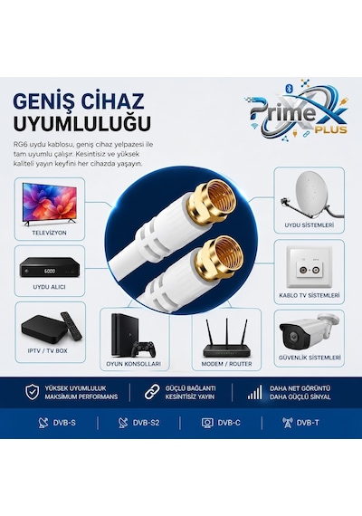 Px-tv1 1 Metre Rg6 Full Hd Tv Uydu Kablosu, Altın Uç Anten Kablosu, Dvb-t, Dvb-c, Dvb-s, Dvb-s2 Beyaz