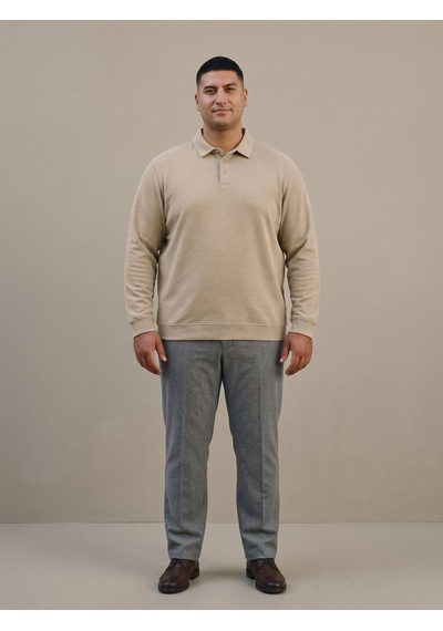 Maccali Erkek Bej Büyük Beden Polo Yaka Battal Sweatshirt