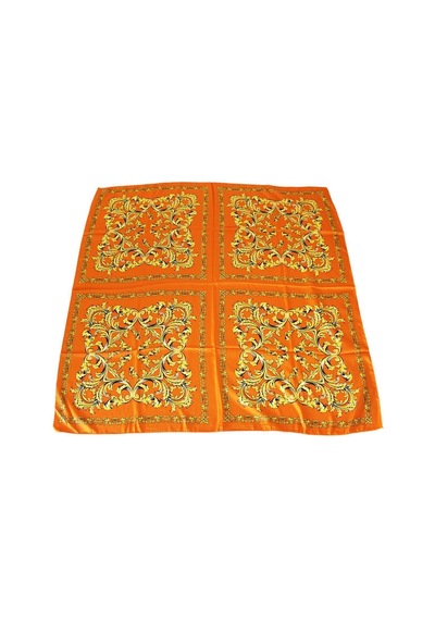 Tikitonki Etnik Çiçek Desenli Turuncu Saten Eşarp - 90x90 Turuncu Turuncu