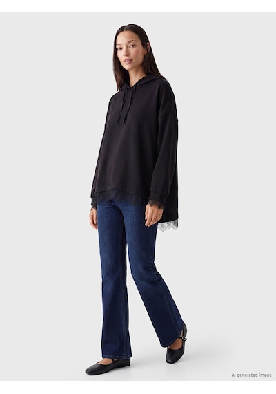 LC Waikiki Lc Waıkıkı Siyah Dantel Detaylı Soft Touch Oversize Kadın Hoodie