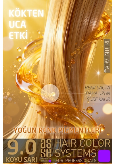Asse Adventure Set Saç Boyası, Kalıcı Ve Canlı Renkler 1+1 İki Kullanım Seti No:9.0 Koyu Sarı