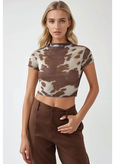 Hiccup Baskılı Slim Fit Bisiklet Yaka Crop Top Çok Renkli
