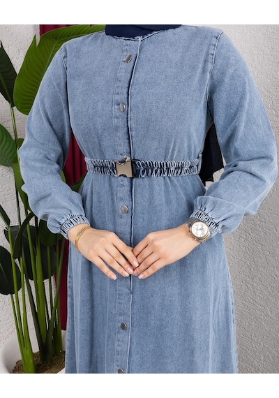 Hb Harma Time Butik Kadın Düğmeli Kuşaklı Denim Kot Mavi Elbise