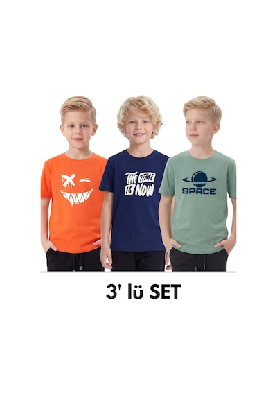 Panios Kids 3'lü Yuvarlak Yakalı Baskı Detaylı Basic 3 Parça Erkek Çocuk Tişört Lacivert - Turuncu