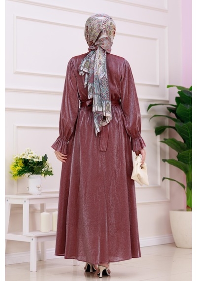 Kolu Volanlı Simli Alya Abiye-bordo-4870