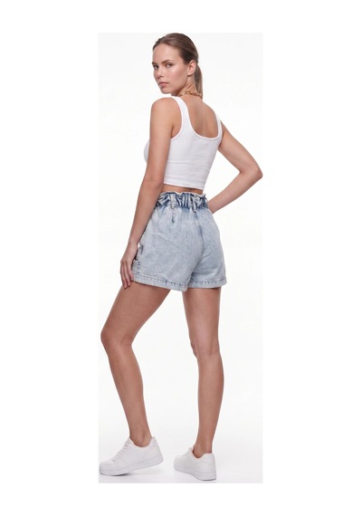 CEMO Kadın Yüksek Bel Beli Lastikli Denim Şort Mavi