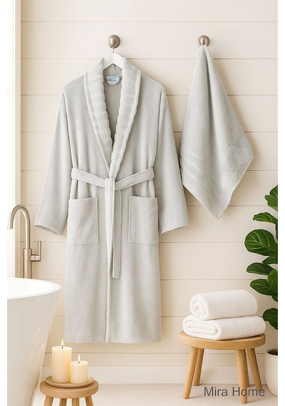 4 Parça Soft Elegance Banyo Aile Bornoz Seti %100 Pamuklu Açık Gri