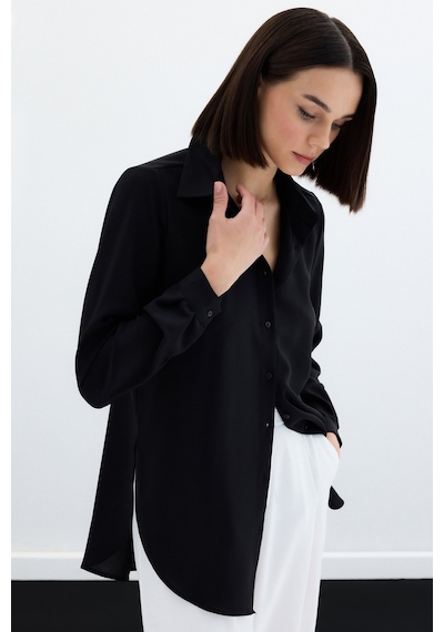 Sateen Düz Klasik Gömlek - Siyah-123675 Siyah