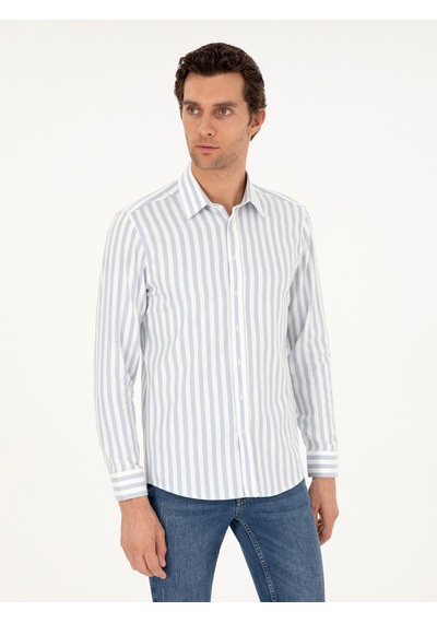 Cacharel Mavi Slim Fit %100 Pamuk Çizgili Gömlek